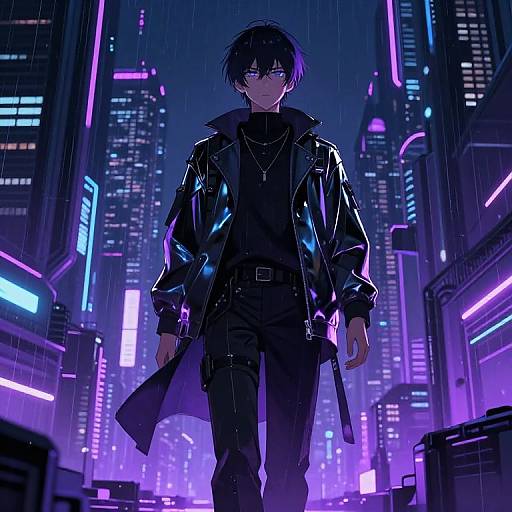 Cyberpunk night scene: Black-haired male in black leather jacket, jeans, and necklace walks through neon-lit, rain-soaked cityscape with