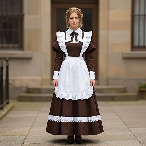 Photograph of a young woman with light brown hair in an elegant black and white maid outfit standing on a stone-paved path in front of a historic