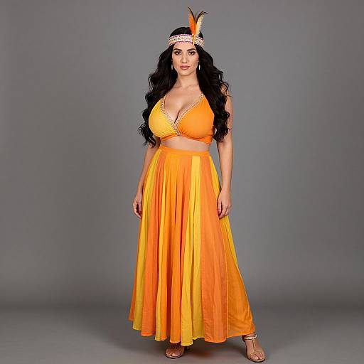 Photograph of a plus-size woman with long black hair, wearing an orange halter top and flowing skirt, feather headpiece, standing against a gray