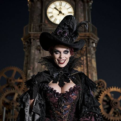 Steampunk woman with black lace dress, feathered hat, and pale makeup smiles in front of a clock tower and gears. Photographic image.