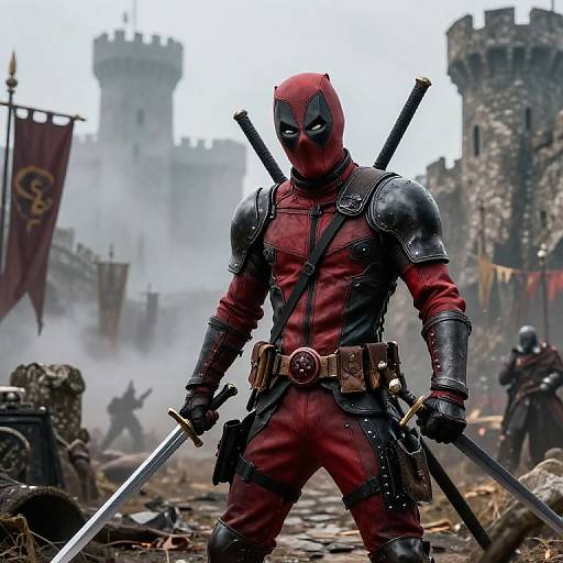 Photograph of a muscular, masked, red-and-black armored warrior with swords, standing on a war-torn, medieval battlefield with smoke and castle ruins