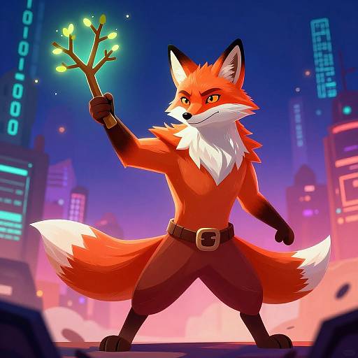 Anthropomorphic red fox with white chest fur, holding glowing branch, standing in vibrant neon-lit cityscape, wearing brown pants and belt. Digital