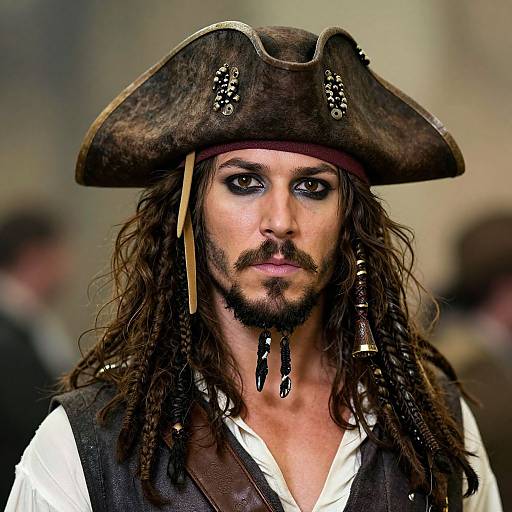 Photograph of a rugged, bearded man with long brown hair, wearing a large, worn pirate hat adorned with beads, and a white shirt under