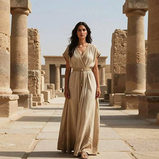 Photograph of a woman with long dark hair wearing a beige, V-neck, pleated dress, standing in a sunlit ancient temple courtyard with tall