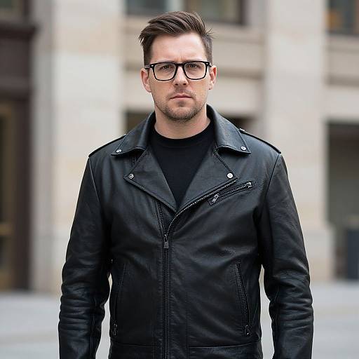 Photograph of a serious, fair-skinned man with short brown hair, black-framed glasses, and black leather jacket, standing in an urban background