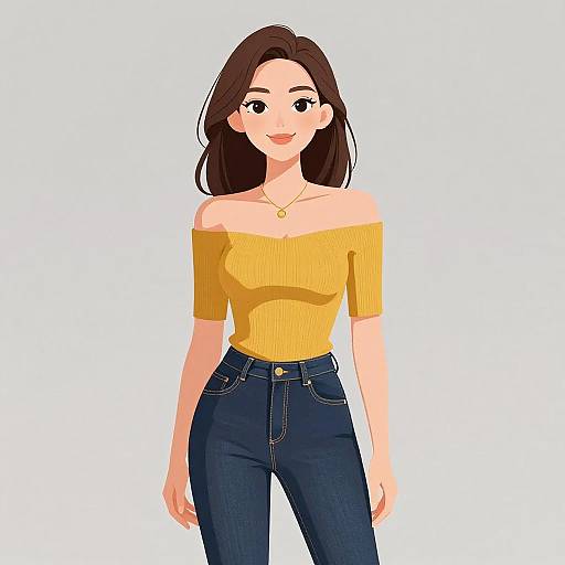 Digital illustration of a smiling young woman with long brown hair, wearing a yellow off-shoulder top and dark blue jeans, against a white background.