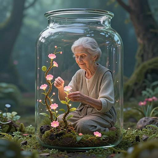 Photograph of an elderly woman with white hair, wearing a beige dress, sitting inside a glass jar in a forest, gently touching pink flowers with glowing
