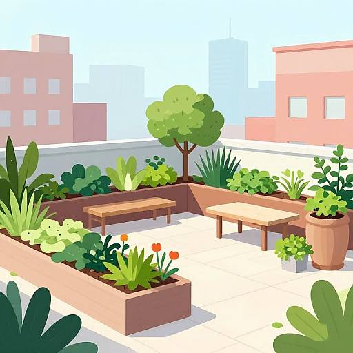 Digital illustration of a rooftop garden with rectangular planter boxes, wooden benches, various green plants, a potted tree, and city buildings in the background