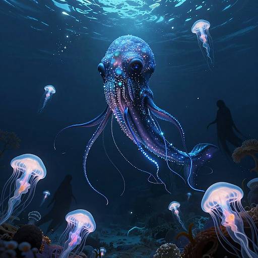 Luminous Kraken with Glowing Jellyfish in Mystical Ocean