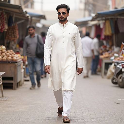Photograph: Bearded man in white traditional Pakistani shalwar kameez walks confidently through a bustling outdoor market with stalls and people in the background