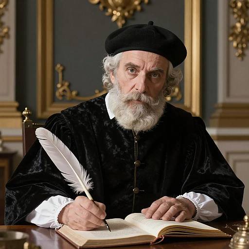 Photograph of an elderly man with a white beard, wearing a black beret and velvet robe, writing with a white feather quill, in an