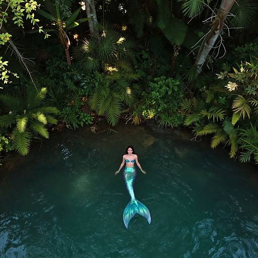 Photograph of a mermaid with a turquoise tail and red bikini top, floating in a dark, lush jungle pool.