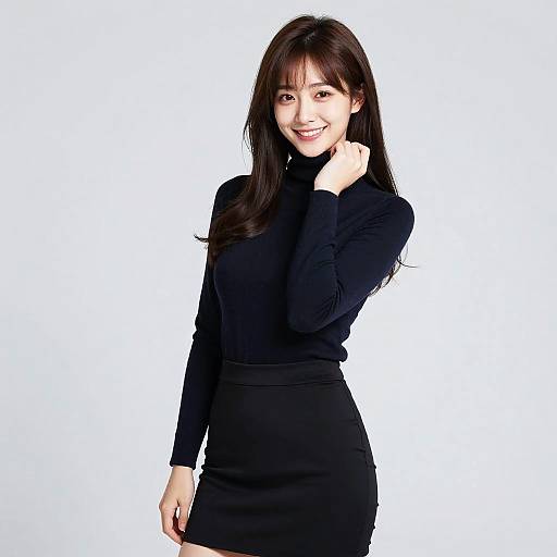 Photograph of a smiling Asian woman with long dark brown hair, wearing a form-fitting black long-sleeve turtleneck dress, against a