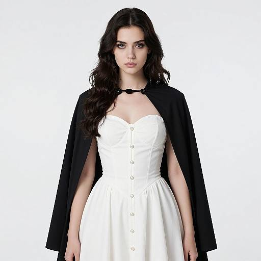 Photograph of a pale-skinned woman with long, wavy black hair, wearing a white strapless dress and black cape, standing against a white