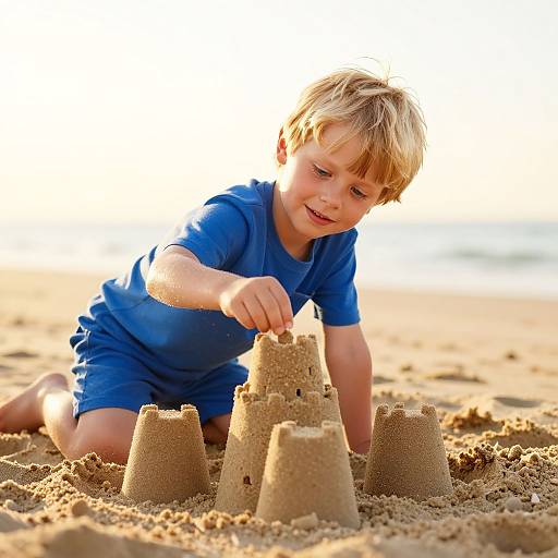 Photograph of a blonde, smiling young boy in a blue shirt building a sandcastle on a sunny beach. He kneels, focused, with three
