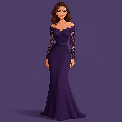 Digital illustration of a woman with wavy brown hair, wearing an off-shoulder, lace, long-sleeve, deep blue evening gown,