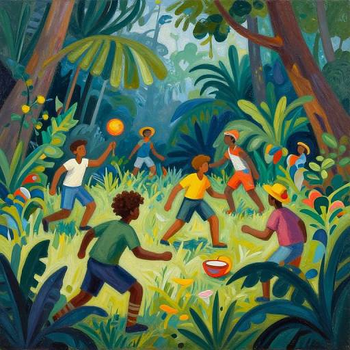 Vibrant digital painting of diverse children playing with colorful balls in a lush, tropical forest, surrounded by tall trees and dense foliage. Bright, playful