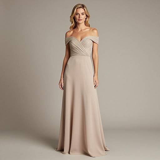 Elegant Woman in Beige Off-Shoulder Gown