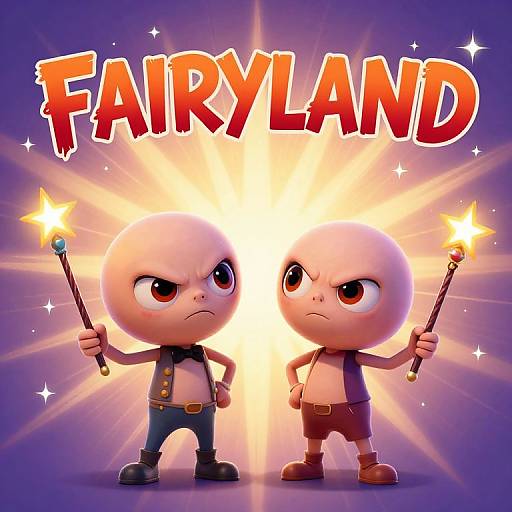 Digital illustration of two angry, bald fairyland characters holding sparklers, standing back-to-back with 
