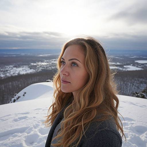 Photograph of a young woman with wavy, light brown hair, blue eyes, and fair skin, standing in snowy mountain landscape, wearing a dark