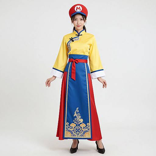 Photograph of an Asian woman in a bright yellow traditional dress with blue and red accents, ornate embroidery, and a red hat with a white 
