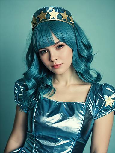 Young Woman in Blue Pop Star Costume