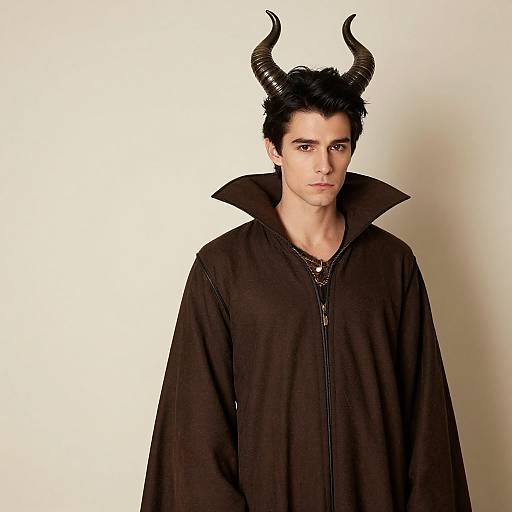 Photograph of a young man with black horns, dark hair, and serious expression, wearing a black, high-collared cloak against a plain white