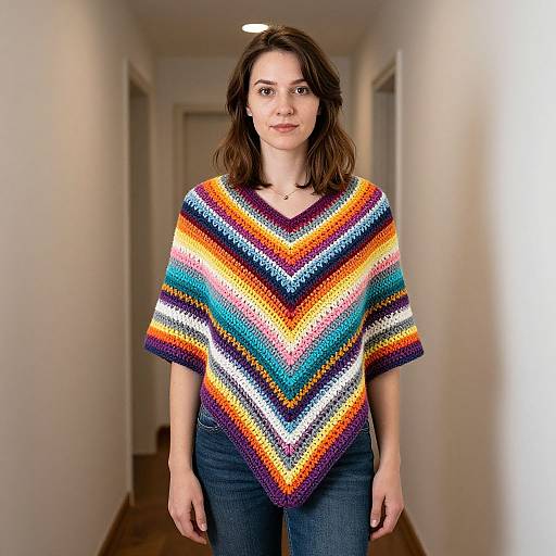 Woman in Multi-Color Crochet Shawl