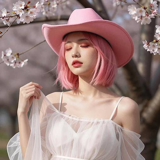 Woman with Pink Hair and Hat Among Cherry Blossoms