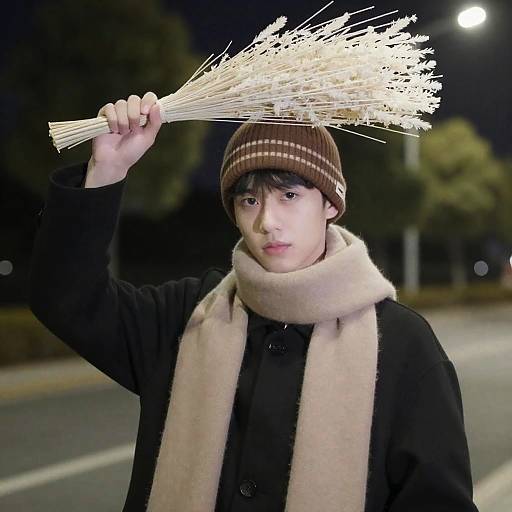 Serious Young Man in Street at Night