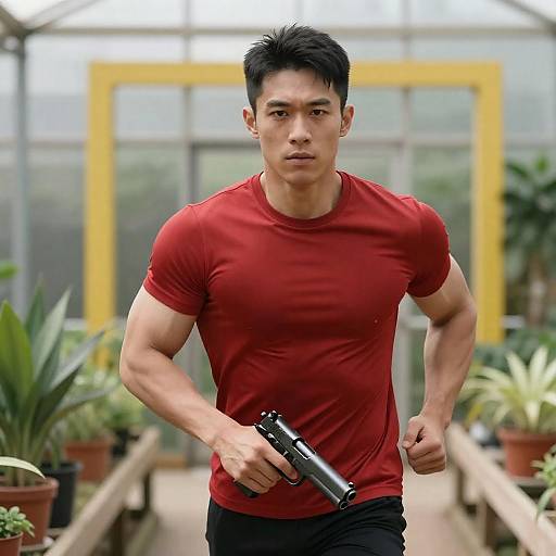 Muscular Figure in Greenhouse Action Scene
