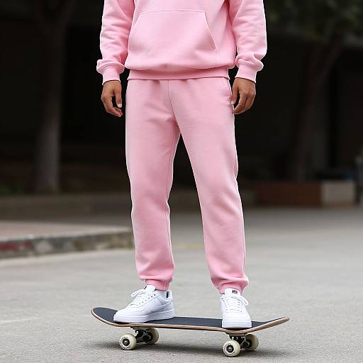 Man in Pink Sweatsuit on Skateboard