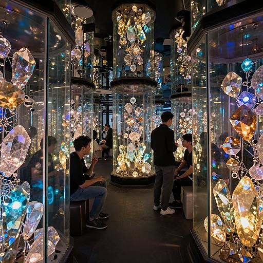 Photograph of a dimly lit art gallery with glass display cases filled with glowing, multi-colored fairy lights and abstract glass sculptures. Two young men,