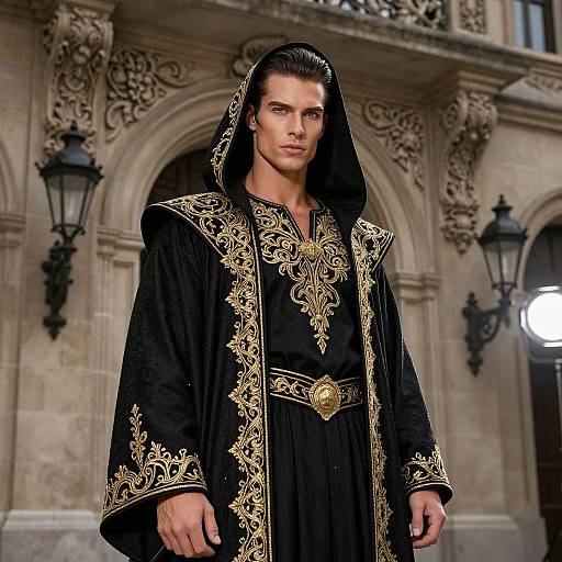 Photograph of a handsome man with slicked-back black hair, wearing an ornate black robe with gold embroidery, standing in front of an ornate
