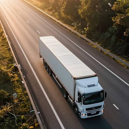 Aerial photograph of a white cargo truck with a ribbed trailer driving on a sunlit, empty highway flanked by greenery.