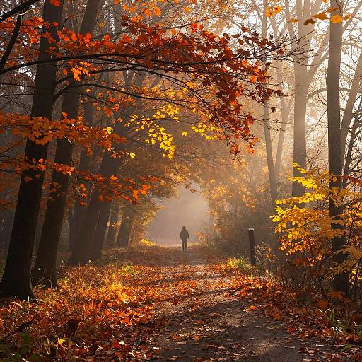 Misty Autumn Forest Pathway with Silhouette
