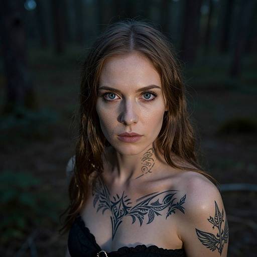 Photograph of a young woman with striking blue eyes, long brown hair, and intricate black tattoos on her chest and shoulders, standing in a dark,