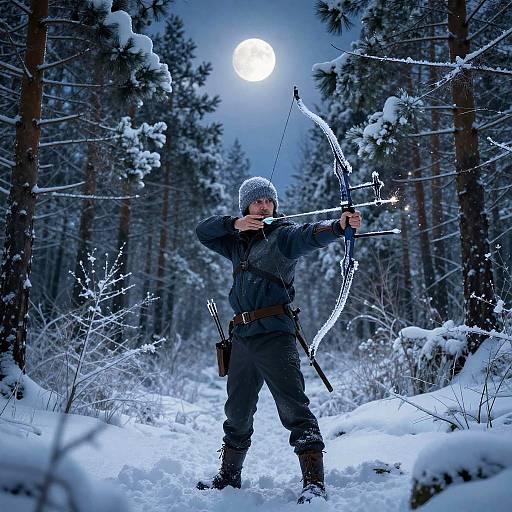 Frozen Archer in Moonlit Snow Forest