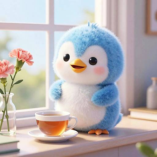 Cozy Icy Blue Penguin with Tea