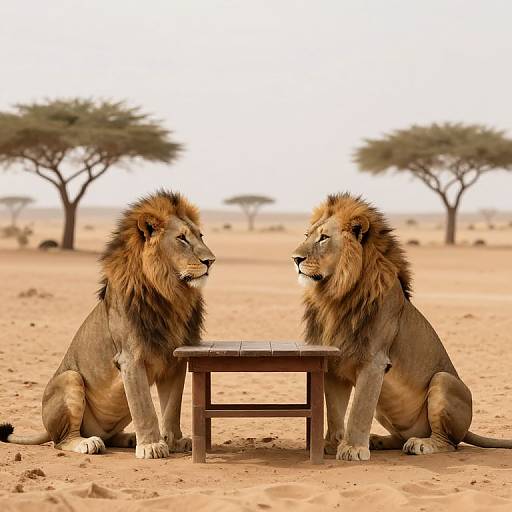 Photograph of two male lions with lush manes sitting on either side of a wooden table in a sunlit, sandy African savanna with sparse ac