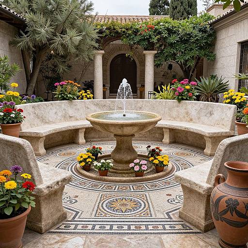 Photograph of a vibrant, Mediterranean-style courtyard with a central stone fountain, mosaic-tiled floor, curved stone benches, colorful flowers, potted plants
