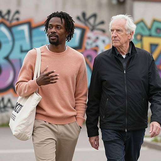 Two Men Walking Near Graffiti Wall