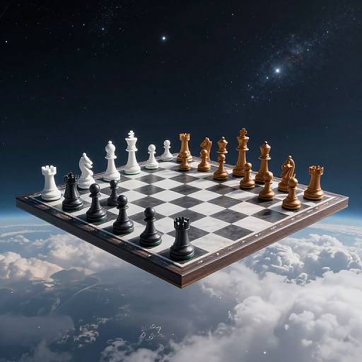 Floating chessboard with black and gold pieces in space, surrounded by stars and clouds below, creating a surreal, cosmic scene.