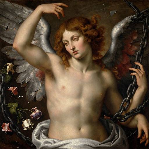 Baroque-style painting of a winged, shirtless, curly-haired angel with fair skin, holding chains, surrounded by roses, with dark, textured