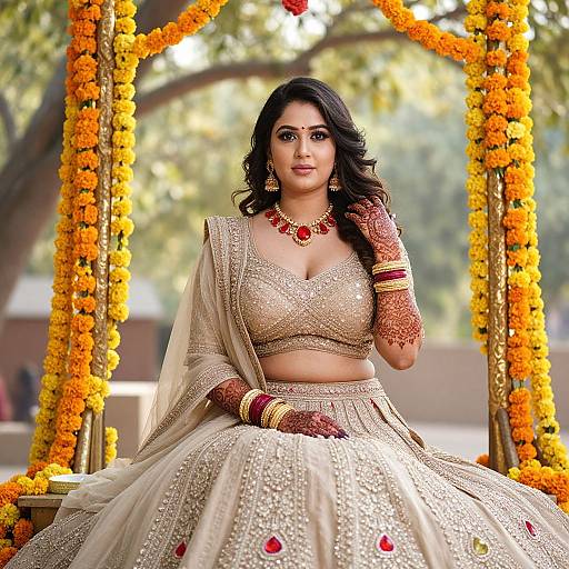 Photograph of an elegant Indian woman in a gold-embellished bridal lehenga and matching top, adorned with red jewelry, sitting on a mar