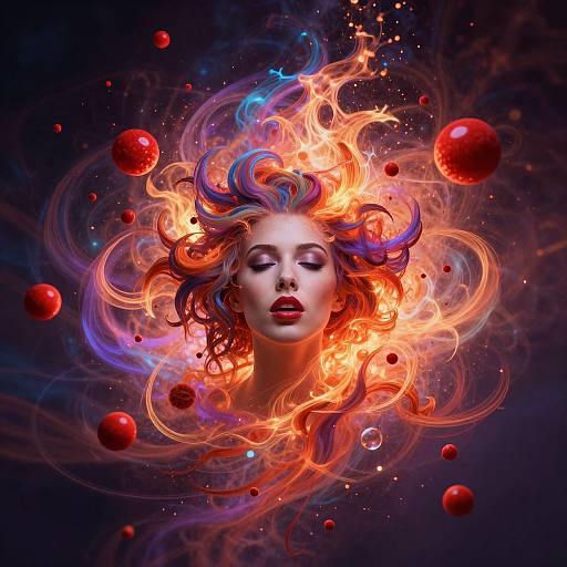 Digital artwork of a fiery-haired woman with closed eyes, surrounded by swirling flames and floating red orbs against a dark background.