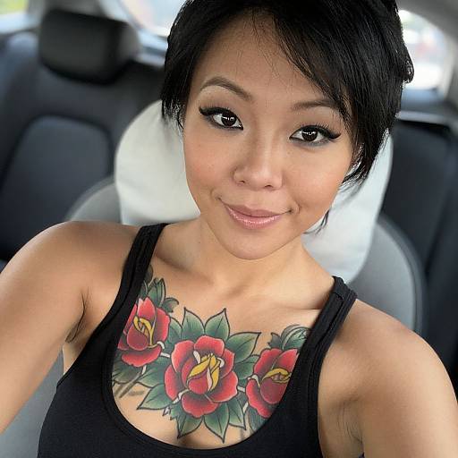 Asian Woman with Colorful Rose Tattoo