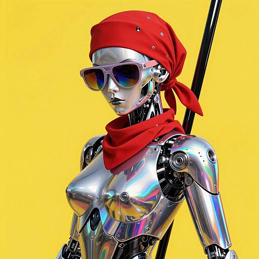 Photorealistic CGI of a shiny, silver robotic woman with red bandana, sunglasses, and red scarf, standing against a bright yellow background.