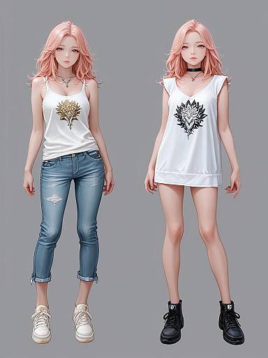 Digital illustration of a pink-haired girl in two outfits: white sleeveless top with gold and black designs, blue ripped jeans, white sneakers; same top