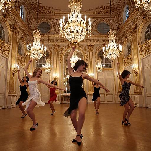 Photograph of five women dancing in elegant black and white dresses, raising arms, in a grand, ornate ballroom with multiple chandeliers.